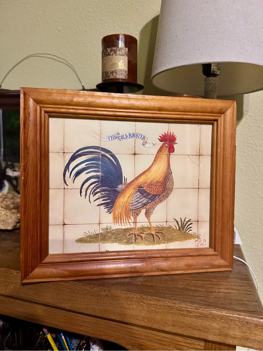 Framed Print Rooster Faux Tile Art